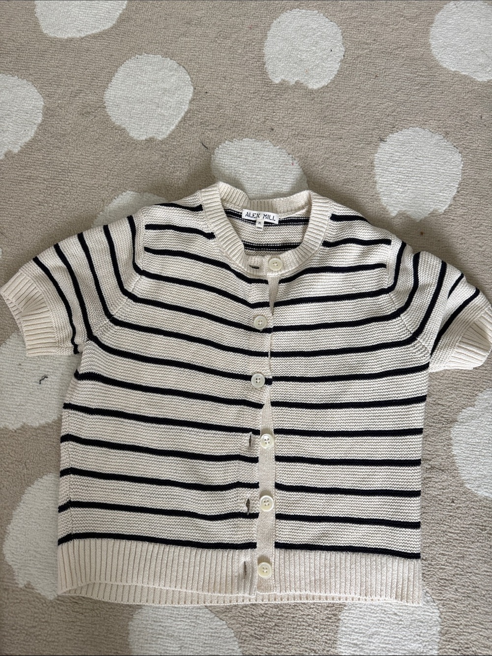 Alex Mill Cream and Black Striped Short-Sleeve Button Cardigan medium